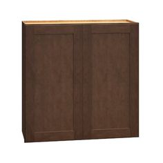 a brown cabinet with two doors on the front and one door open to reveal an area for