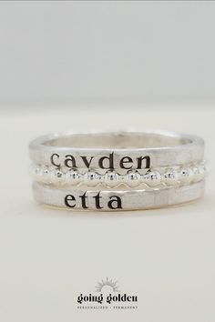 Looking for personalized kids name rings & mom jewelry to keep your children's love close? Discover our beautiful silver kids name ring stacks, the perfect sentimental gift for mom's birthday or moms-to-be! These stackable kids name rings are the perfect simple meaningful jewelry pieces to add to your collection or gift to moms. Shop all of our custom personalized jewelry and gold name rings here! Sterling Silver Stackable Rings With Custom Name, Customizable Sterling Silver Engraved Ring For Mother's Day, Customizable Sterling Silver Ring For Mother's Day, Silver Engraved Ring With Custom Name For Mother's Day, Custom Name Adjustable Stackable Rings, Personalized Name Sterling Silver Stackable Rings, Personalized Sterling Silver Stackable Rings For Mother's Day, Customizable Silver Engraved Ring For Mother's Day, Personalized White Gold Stackable Rings