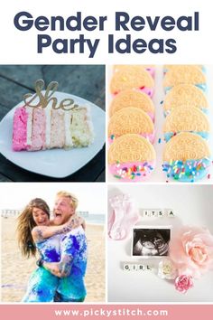 gender reveal party ideas including cake, cookies and candies with text overlay that reads gender reveal party ideas