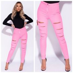 Neon Pink Multi Slash Leggings Trendy Ripped Pink Bottoms, Pink High Waist Ripped Bottoms, High Waist Ripped Pink Bottoms, Pink Leggings For Night Out In Spring, Chic Stretch Ripped Pants, High Rise Ripped Pink Bottoms, Ripped Fitted Party Bottoms, Ripped Bottoms For Spring Party, Red Denim Jeans