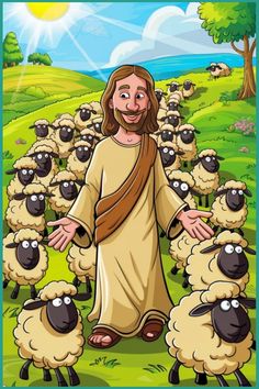 Smiling man in a robe leading a flock of sheep through a sunny, pastoral landscape.