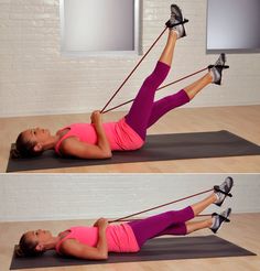 a woman doing an exercise on a mat with a resistance rope in her hand and leg