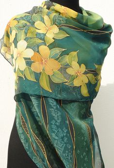 Dark green silk scarf chiffon yellow flowers gold bottle | Etsy Gold Bottle, Green Silk Scarf, Hand Painted Dress, Dress Painting, Batik Art, Floral Silk Scarf, Silk Scarf Painting, Hand Painted Silk, Chiffon Scarf