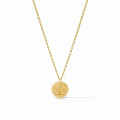 A detailed gold medallion necklace featuring a representation of your zodiac sign accented with a glittering gemstone star, with the astrological symbol engraved on the reverse. 24K gold plate, CZ Length: 16.5 / 17.5 inches (adjustable) Closes with lobster clasp Julie Vos hallmark Gold Medallion Necklace, Julie Vos, Gold Medallion, Bas Relief, Medallion Necklace, Wallet Pouch, Monogram Gifts, Crossbody Tote, Delicate Necklace