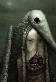 a painting of a person with a large bird on their head and an evil looking creature in the background