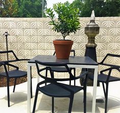 a table with chairs and a potted plant on it in front of a wall