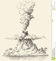 Volcano Sketch, Vulcano Che Erutta, Volcano Tattoo, Island Sketch, Landscape Pencil Drawings, Volcanic Eruption, Mountain Drawing, Landscape Sketch