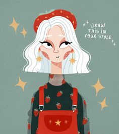 a drawing of a woman with white hair wearing a red backpack and stars around her neck