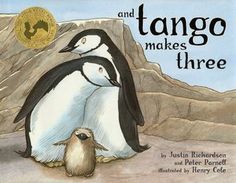 an image of two penguins hugging each other in front of a mountain and the words, pingo makes three