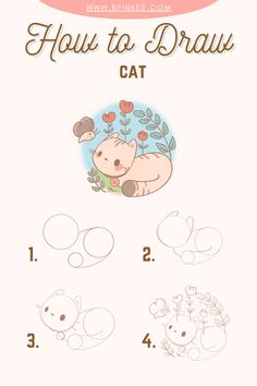 the instructions for how to draw a cartoon cat with flowers and leaves on its back