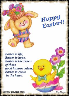 an easter card with a teddy bear and chick