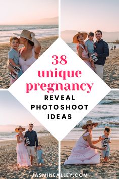 three pictures with the words, 3 unique pregnancy reveal photoshoot ideas in pink and white