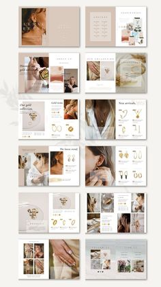 the layout for an elegant wedding album is shown in gold and white colors, with photos on