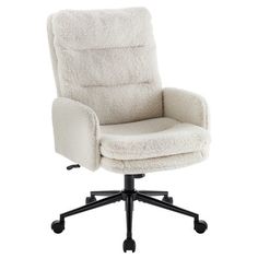 an office chair with wheels and a white upholstered fabric seat cover on it