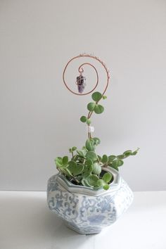 a blue and white vase with a plant in it