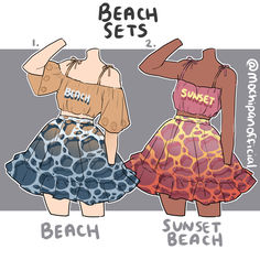 two women in different outfits with the words beach sets on their shirts and skirted skirts