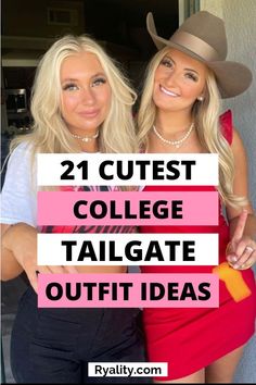 two women in cowboy hats and dresses with the words 21 cute college tailgate outfit ideas