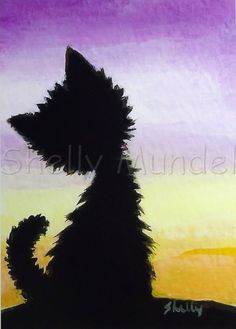 the silhouette of a dog sitting in front of a purple and yellow sky at sunset