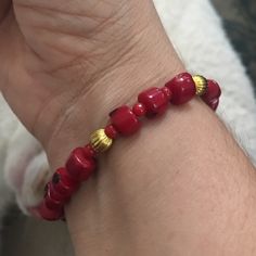 This Is A Gorgeous Dyed Red Bamboo Coral, Apple Coral, And Gold Plated Metal Ball Bracelet. The Clasp Is Magnetic And Opens And Closes Easily. It Is Made Of Gold Plated Metal. The Bracelet Measures 8 Inches Long End To End. In Unused Vintage Condition. Red Bracelets With Heart Beads, Red Wooden Beads For Gift, Red Beaded Coral Bracelets, Red Coral Bracelet With Polished Beads, Adjustable Red Beaded Bracelets With Wooden Beads, Red Bohemian Beaded Bracelets With Heart Beads, Bohemian Red Beaded Bracelets With Heart Beads, Red Spiritual Stretch Bracelet, Red Coral Beaded Bracelets With Round Beads