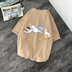 cat clothes for human in apricot color Cat Tee Shirts, White And Black Cat, Cartoon Clothing, Harajuku Streetwear, Linen Style, Streetwear Tshirt, Cat T, Streetwear Women, Cat Shirts