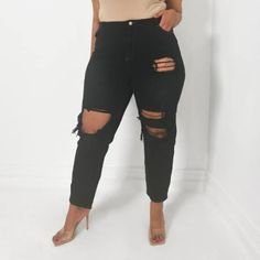 Missguided Plus Riot Thigh Open Knee Slash Mom Jean New With Tag, Never Worn. #Tds144p Edgy Black Bottoms With Holes, Fitted Black Bottoms With Holes, Chic Ripped Bottoms For Night Out, Black Distressed Bottoms For Night Out, Chic Black Distressed Bottoms, Size 16 Jeans, Jean Color, Mom Jean, Colored Jeans