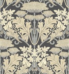 an art nouveau wallpaper design with flowers and leaves in grey, beige and white colors