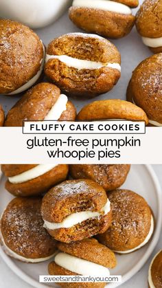 two pictures of cookies with white frosting on them and the words fluffy cake cookies gluten - free pumpkin whoopie pies