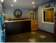 a dog shop with paw prints on the floor and door to the front area,