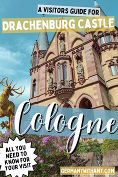 a castle with the words cologne in front of it and an image of a golden deer statue