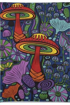 a painting of mushrooms and other plants in blue, purple, green, orange and yellow colors