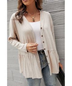 Everyday Peplum Long Ruffle Cardigan Jolie Vaughan | Online Clothing Boutique near Baton Rouge, LA Peplum Cardigan, Ruffle Cardigan, Loose Cardigan, Loose Coats, Chic Type, Lightweight Cardigan, Lightweight Tops, V Neck Cardigan, Ruffle Top