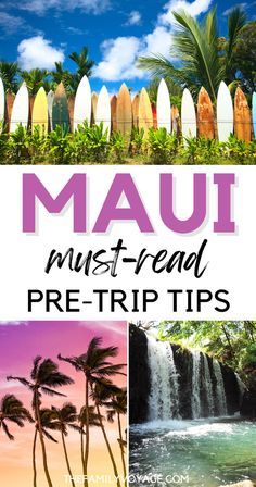 the words mau must - read pre trip tips with pictures of surfboards and palm trees