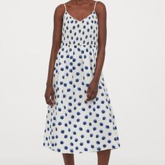 Calf-Length Dress In Airy Cotton Voile. Narrow, Adjustable Shoulder Straps, V-Neck, And Smocked Bodice. Unlined. Size Xs Could Fit Xs Or S Casual Polka Dot Midi Dress For Spring, Casual Polka Dot Midi Dress For Summer, White Midi Dress With Gathered Waist For Summer, Casual Polka Dot Dress With Smocked Bodice, Casual Polka Dot Dress With Smocked Back, Casual Polka Dot Midi Dress For Beach, Casual Dress With Polka Dot Pattern And Smocked Back, Spring Cotton Midi Dress In Polka Dot, Spring Polka Dot Cotton Midi Dress