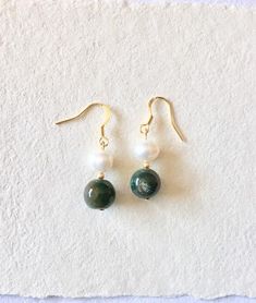 Entiat earrings, pearl and green agate drop earrings, green earrings, pearl earrings Green Pearl Charm Drop Earrings, Green Dangle Pearl Earrings, Green Pearl Dangle Earrings, Green Drop Earrings With Pearl Charm, Jade Pearl Drop Earrings As Gift, Elegant Jade Beaded Earrings With Round Beads, Elegant Jade Beaded Round Earrings, Green Pearl Earrings As Gift, Green Pearl Earrings For Gift