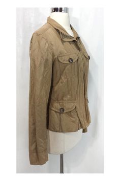 Size 10 Khaki Zip & Button Crinkle Jacket 4 button pockets in front Snap button detail at cuffs Zip & button up front Polyester lining Poly/cotton outer Runs small 25" sleeve length 23" total length 17" shoulder to shoulder 19" underarm to underarm 33" waist Spring Khaki Utility Jacket With Button Closure, Spring Khaki Utility Jacket With Button Cuffs, Brown Utility Jacket With Button Closure For Spring, Spring Brown Utility Jacket With Button Closure, Fitted Khaki Button-up Utility Jacket, Max Mara Weekend, Weekend Max Mara, Max Mara, Button Detail