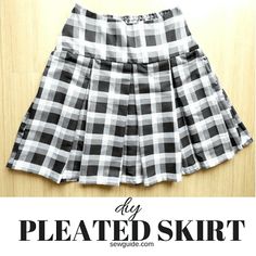 a black and white plaid skirt with the words diy pleated skirt