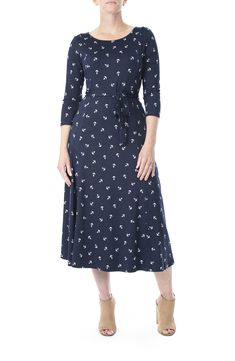 A comfortable 3/4 sleeve midi dress features a wide crew neck and a vibrant print for perfect style.Fit: this style fits true to size.- Crew neck- Long sleeves- Slips on over head- Waist tie- Allover print- Approx. 49" length (size S)- ImportedAvailable in:- Paisley print (REDBLUMULT)- Damask print (BLACK-IVORY)- Floral print (RED MULTI, PACIFIC M) Hand wash cold 100% polyester Damask Print, Midi Dress With Sleeves, Waist Tie, Three Quarter Sleeves, Paisley Print, Navy And White, Length Sleeve, Paisley, Midi Dress