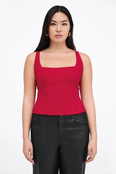 Red Fitted Sleeveless Strappy Tank Top - Anya Top | Marcella Strappy Tank Top, Strappy Tank Tops, Red Fits, Red A, Princess Seams, The A Team, Princess Seam, Workout Tops, Neck Designs