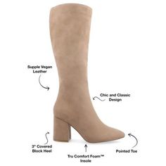 Step up your style with Ameylia by Journee, the perfect knee-high boot that combines modern minimalistic flair with ultimate comfort. These boots feature a chic pointed-toe design and center seam detail for a touch of elegance. With a 3-inch block heel and convenient zipper entry, these boots elevate your look and ensure easy wear. Made with vegan leather and equipped with a 4 mm Tru Comfort Foam insole, Ameylia is a wardrobe staple that keeps your feet comfortable all day. | Journee Collection Wide Calf Knee-high Winter Boots, Tall Knee-high Boots For Fall, Beige Wide Calf Mid-calf Boots For Winter, Trendy Tall Winter Boots, Trendy Wide Calf Knee-length Boots, Tall Mid-calf Heeled Boots For Fall, Mid-calf Heeled Boots For Fall, Tall Mid-calf Fall Boots, Knee-high Boots With Stacked Heel For Winter