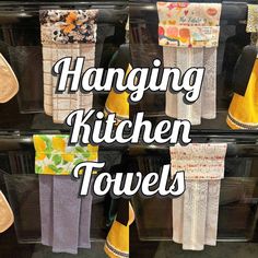 hanging kitchen towels are on display in a store with the words hanging kitchen towels above them