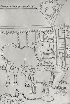 a black and white drawing of two cows in a farmyard with a baby cow standing next to it