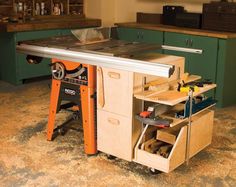 a workbench in the middle of a kitchen