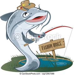 a fish with a fishing rod and a sign that says fish hole stock photo, royalty