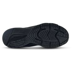 the bottom view of a black running shoe