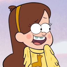 a cartoon girl with long brown hair and big eyes wearing a yellow shirt, smiling at the camera