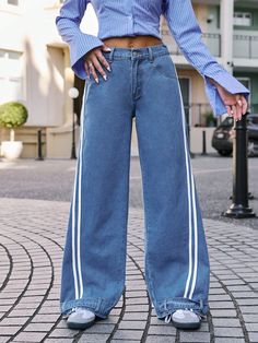 Women's Loose Fit Pocketed Striped Wide Leg Casual Jeans Blue Casual   Denim Colorblock,Striped Wide Leg Non-Stretch  Women Clothing, size features are:Bust: ,Length: ,Sleeve Length: Denim Blue Patchwork Wide Leg Pants, Baggy Denim Blue Mid-rise Wide Leg Pants, Denim Blue Full-length Bottoms For Streetwear, Denim Blue Pull-on Wide Leg Bottoms, Denim Blue Wide Leg Pull-on Bottoms, Womens Denim Skirts, Body Manga Longa, Ankle Socks Women, Jeans Casual