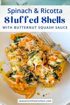 spinach and ricotta stuffed shells with butternut squash sauce on a white plate