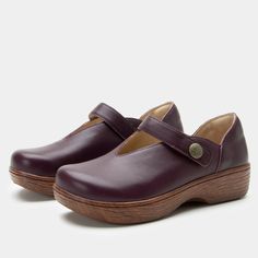 Opheliah Wino Forever slip on style shoe on a Wood look rocker outsole |Burgundy leather with a brown outsole. Perfect Posture, Alegria Shoes, Comfortable Sneakers, The Chic, Boot Sandals, Arch Support, Smooth Leather, Classic Black, Rocker