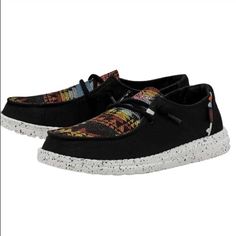 New Wendy Black Distressed Aztec 2022 Black Canvas Sneakers For Fall, Casual Multicolor Fall Sneakers, Black Casual Sneakers For Fall, Casual Black Sneakers For Fall, Casual Textile Sneakers For Fall, Casual Black Fall Sneakers, Black Sneakers With Cushioned Footbed For Fall, Aztec Shoes, Hey Dude Shoes