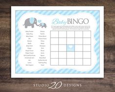 a baby shower game with an elephant on the front and blue stripes in the back